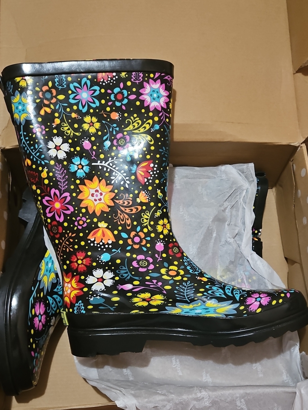 Western Chief Black Floral Rain Boots with Multicolor Flowers